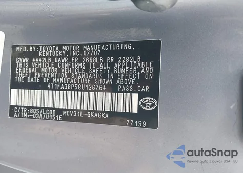 2008 Toyota Camry Solara Sle из США, поврежденный, VIN 4T1FA38P58U136764